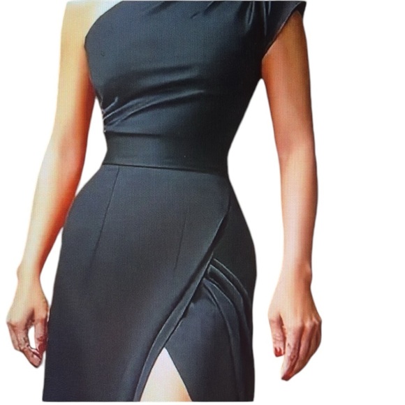 Elegant Formal Solid Slit Asymmetrical Oblique Collar Evening Dress Sz XL/12 Blk - Picture 3 of 6